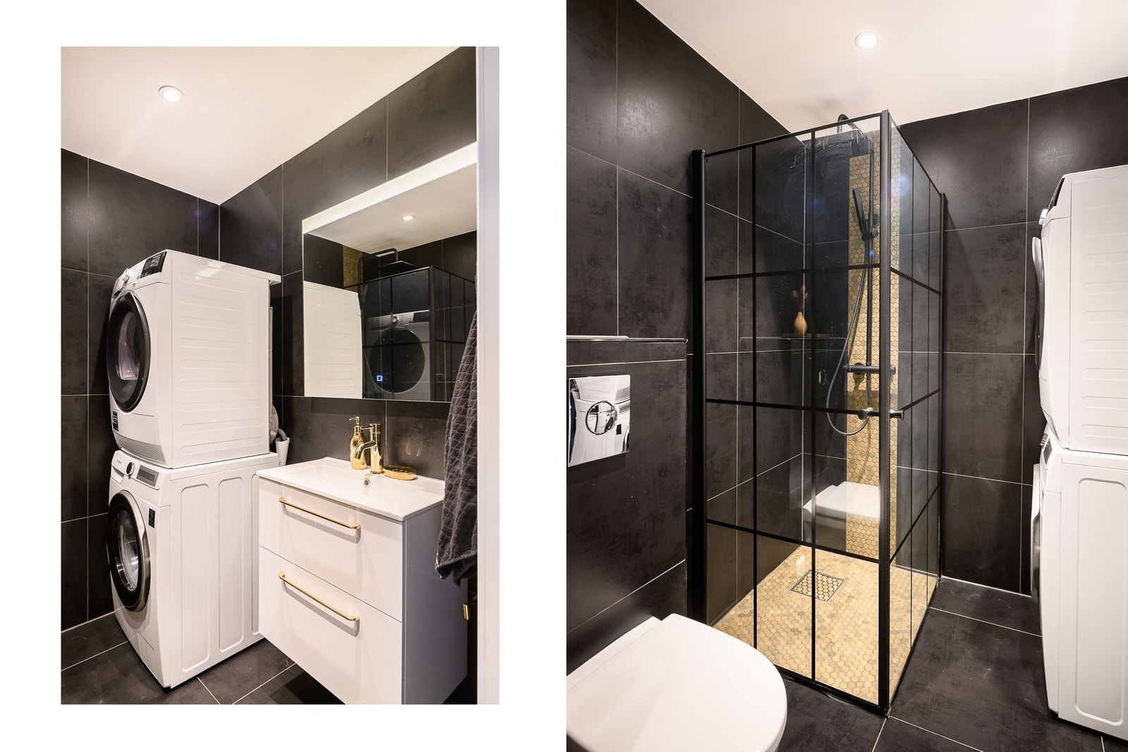 Badet i underetasjen, nytt 2021, har sorte fliser, gullfarget heksagonmosaikk, sort regnfallsdusj samt opplegg for vaskemaskin og tørketrommel. Galleribilde
