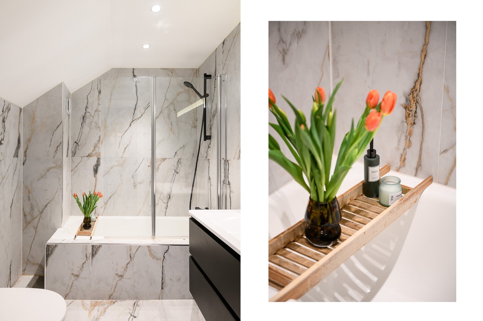 Badet er pent oppgradert med marmorfliser og lekre detaljer. Galleribilde