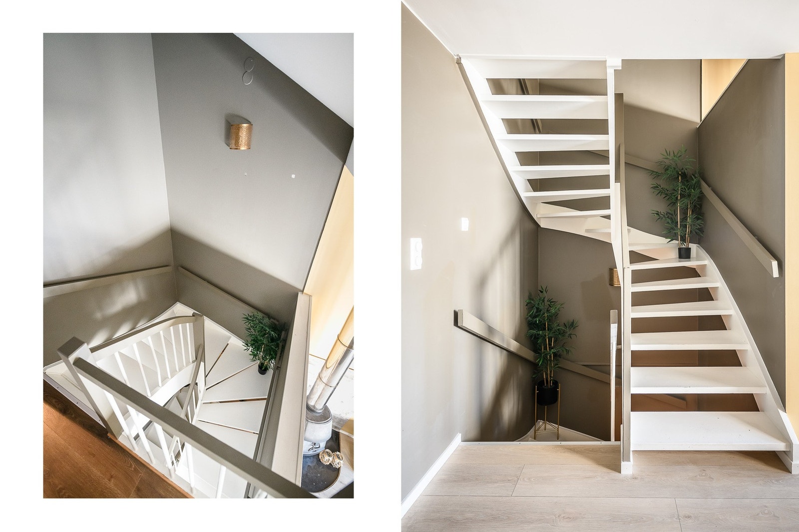 Trappen mellom etasjene er hvitmalt og trapperommet er malt i en kledelig gråtone. Galleribilde