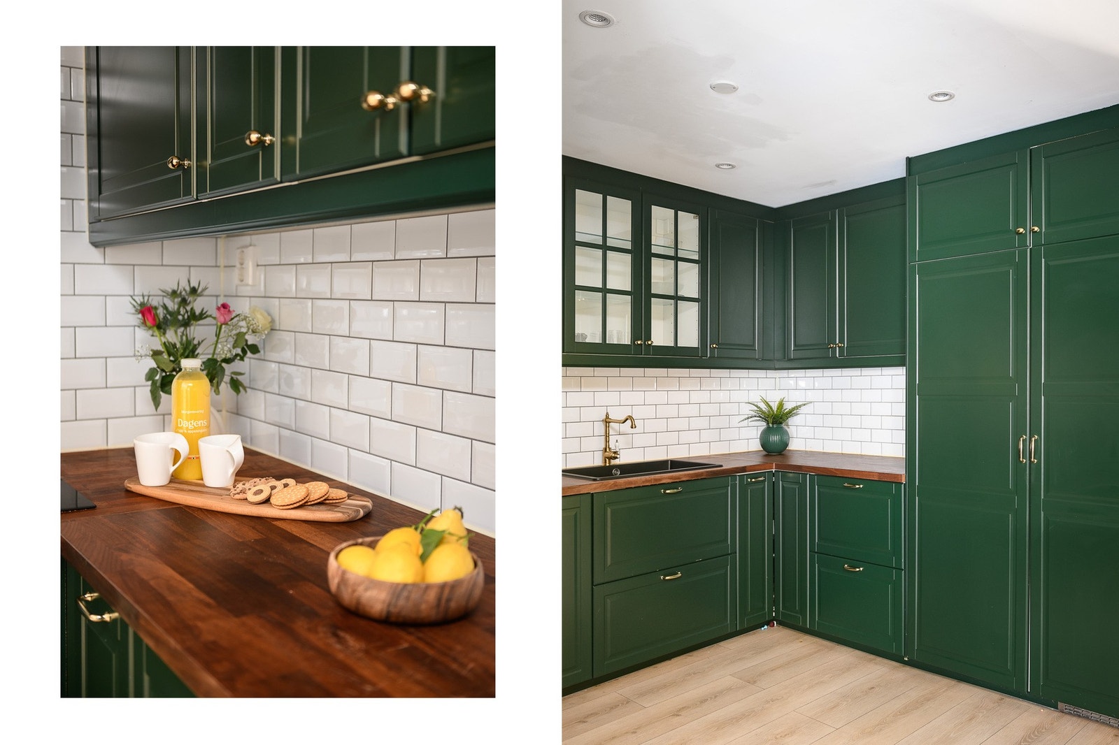 Kjøkkenet har integrerte hvitevarer fra Ikea og Samsung. Grønne fronter og benkeplate i brun finer. Galleribilde