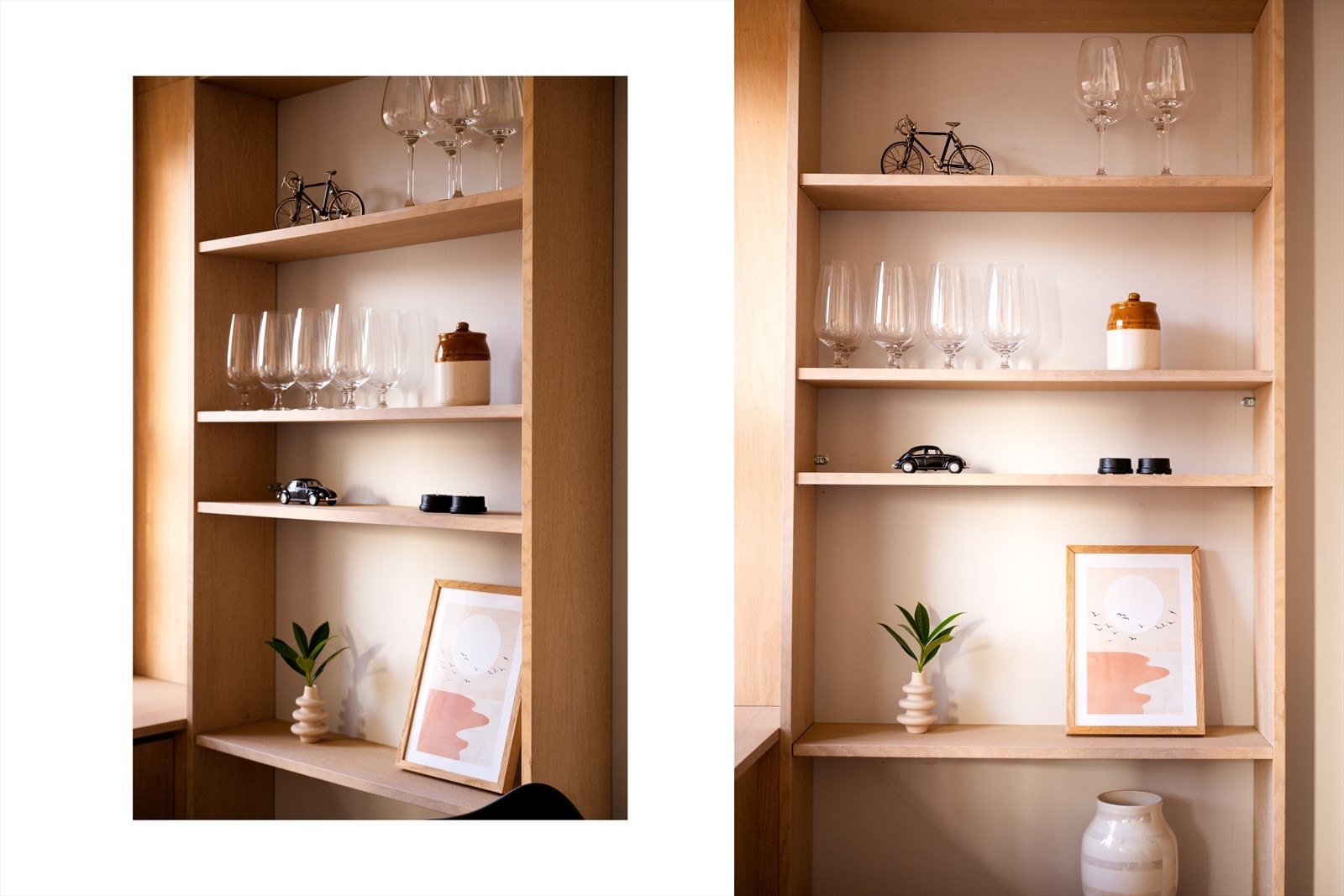 I spisestuesonen er det montert praktiske hylleløsninger - perfekt for servise og dekor. Galleribilde