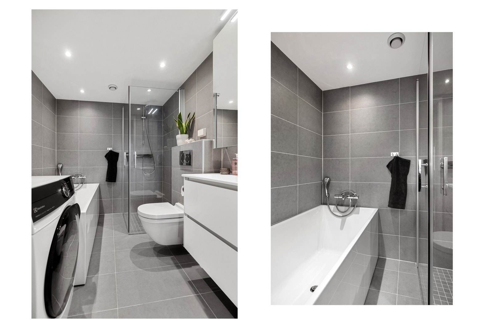 Badet er svært funksjonelt med både dusjsone med glassdører og badekar. Galleribilde