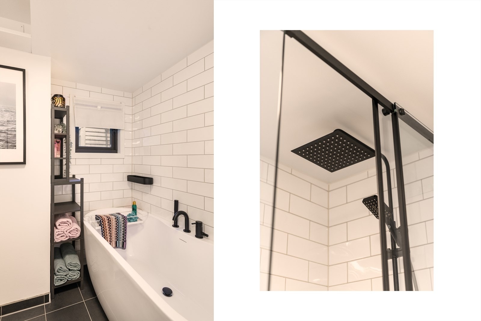 Hele badet er bygget opp fra grunnen i 2021. Fliser på gulv. Varmekabler. Fliser/malte vegger, malt tak. Dusj og badekar. Eldre vindu. Galleribilde