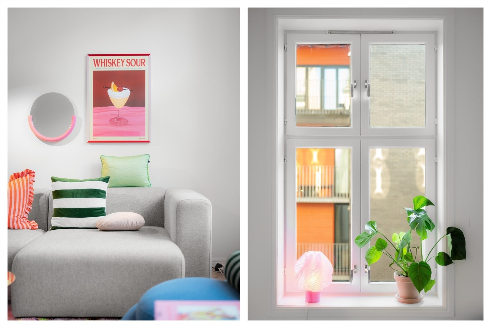 I de brede vinduskarmene trives potteplantene godt, og karmene fungerer også utmerket som ekstra sitteplasser når man har mange på besøk. Galleribilde