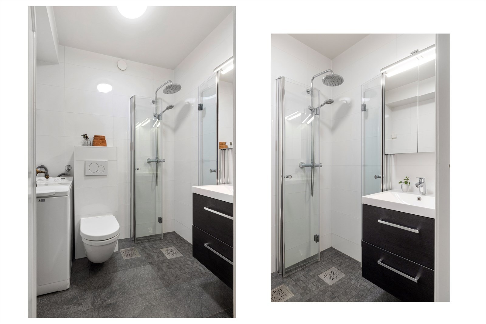 Badet har flislagte overflater, behagelig gulvvarme og opplegg for vaskemaskin. Totalrenovert i 2019. Galleribilde