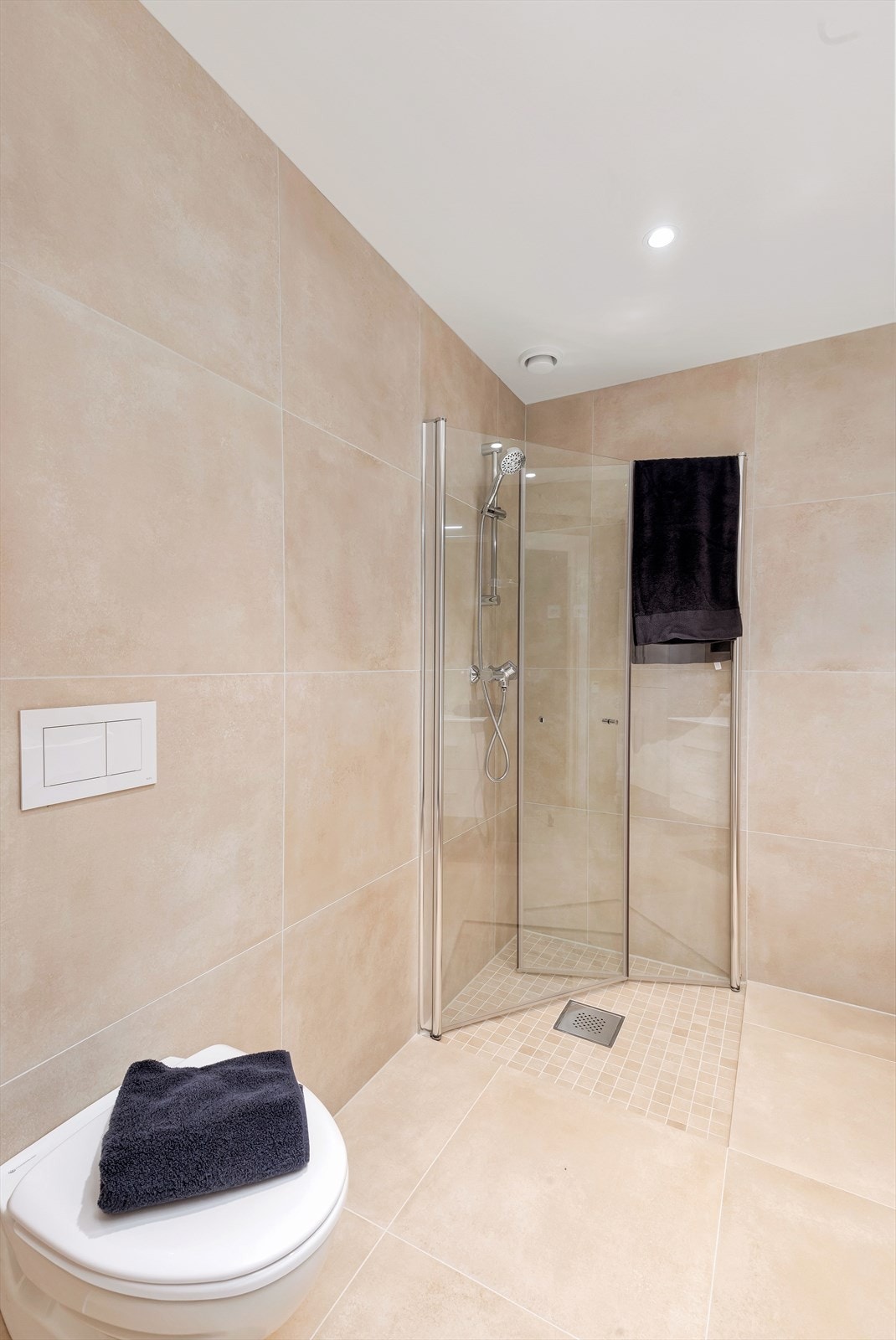 Bad med vegghengt toalett og dusjhjørne Galleribilde