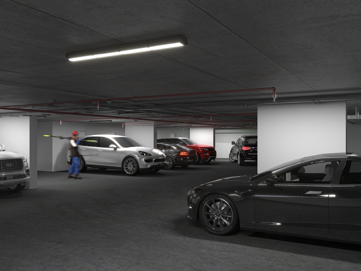 Illustrasjon fra garasje. Leilighetene vil få én garasjeplass hver og en bod. Avvik mellom illustrasjon og faktisk leveranse vil forekomme. Galleribilde