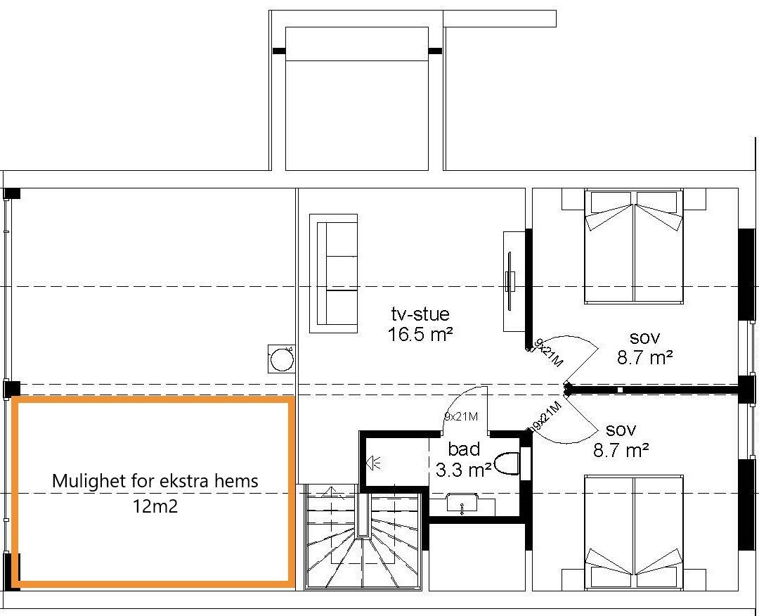 2 etasje. Ekstra hems over kjøkken som tilvalg. Galleribilde
