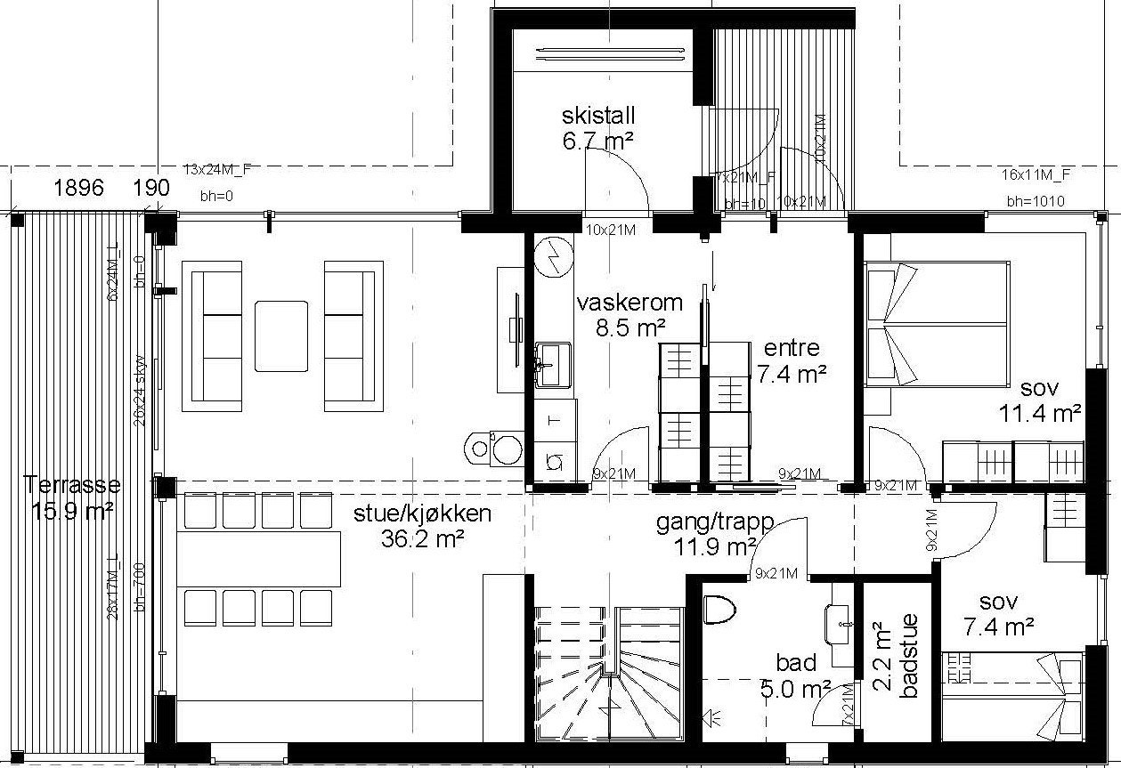 1 etasje.
Plantegning for denne hytten er speilvendt iforhold til illustrasjonsbilder. Galleribilde