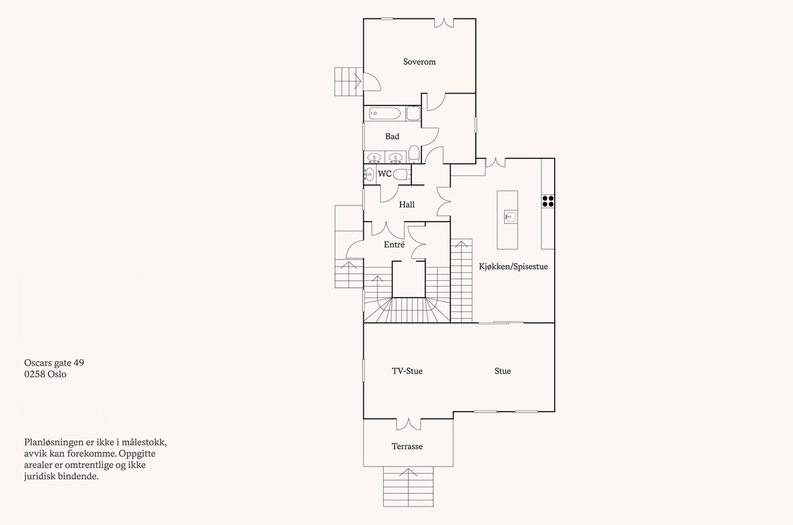 1. etasje: Entré, hall, kjøkken/spisestue med trapp, stue, bibliotek/tv-stue, omkledningsrom, bad, soverom og toalett. Galleribilde