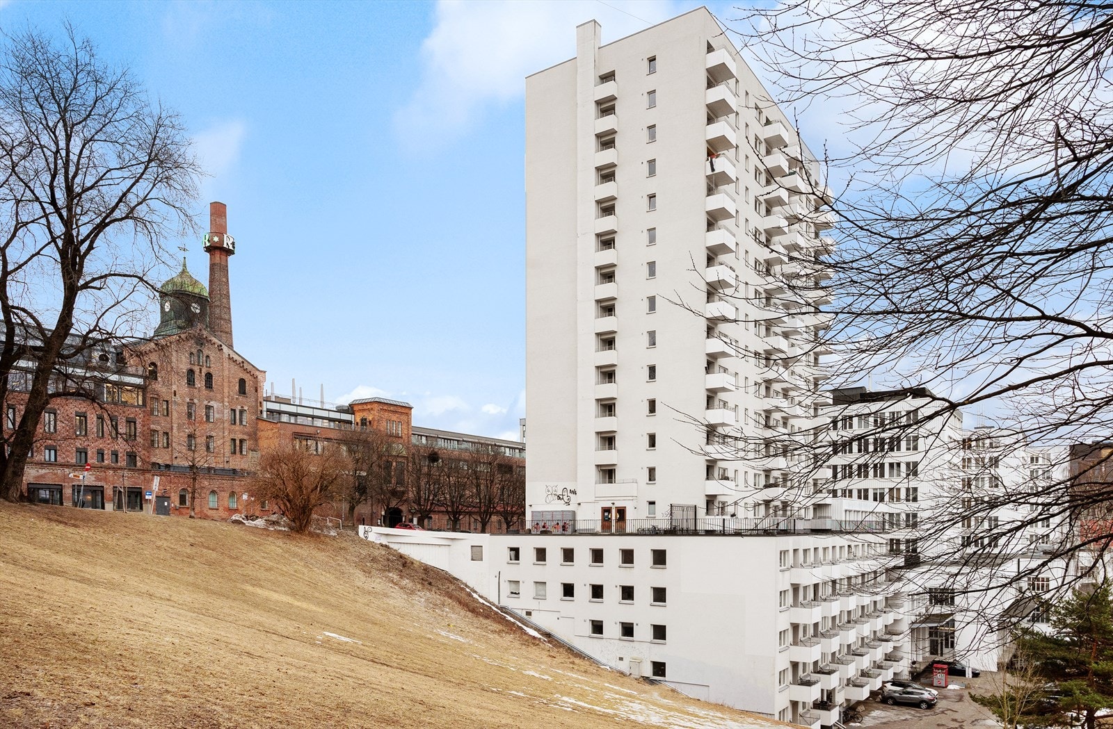 Opparbeidet tomt med asfalterte veier, beplantning, parkeringsplasser m.m. Galleribilde