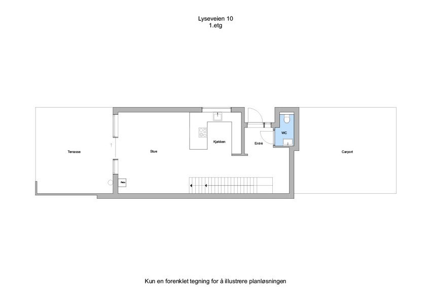 Hovedplan i første etasje har entré, åpen kjøkken- og stueløsning og toalettrom. Galleribilde