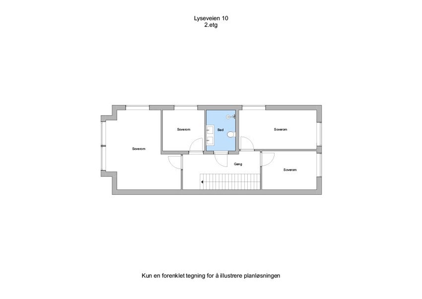 Andre etasje har fire soverom og stort bad. Galleribilde