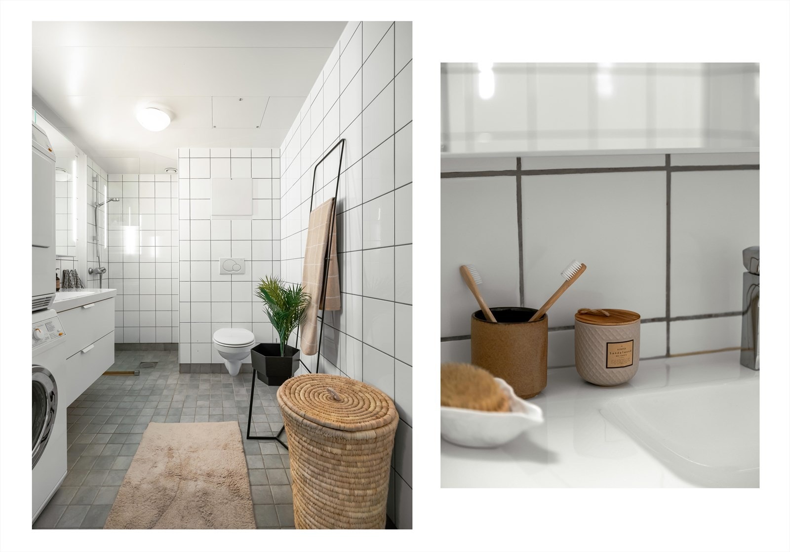 Baderomsinnredning med nedfelt servant på underskap og speilskap med belysning over. Installasjoner med vegghengt toalett, dusjhjørne med glassvegg og opplegg for vaskemaskin/tørketrommel. Galleribilde