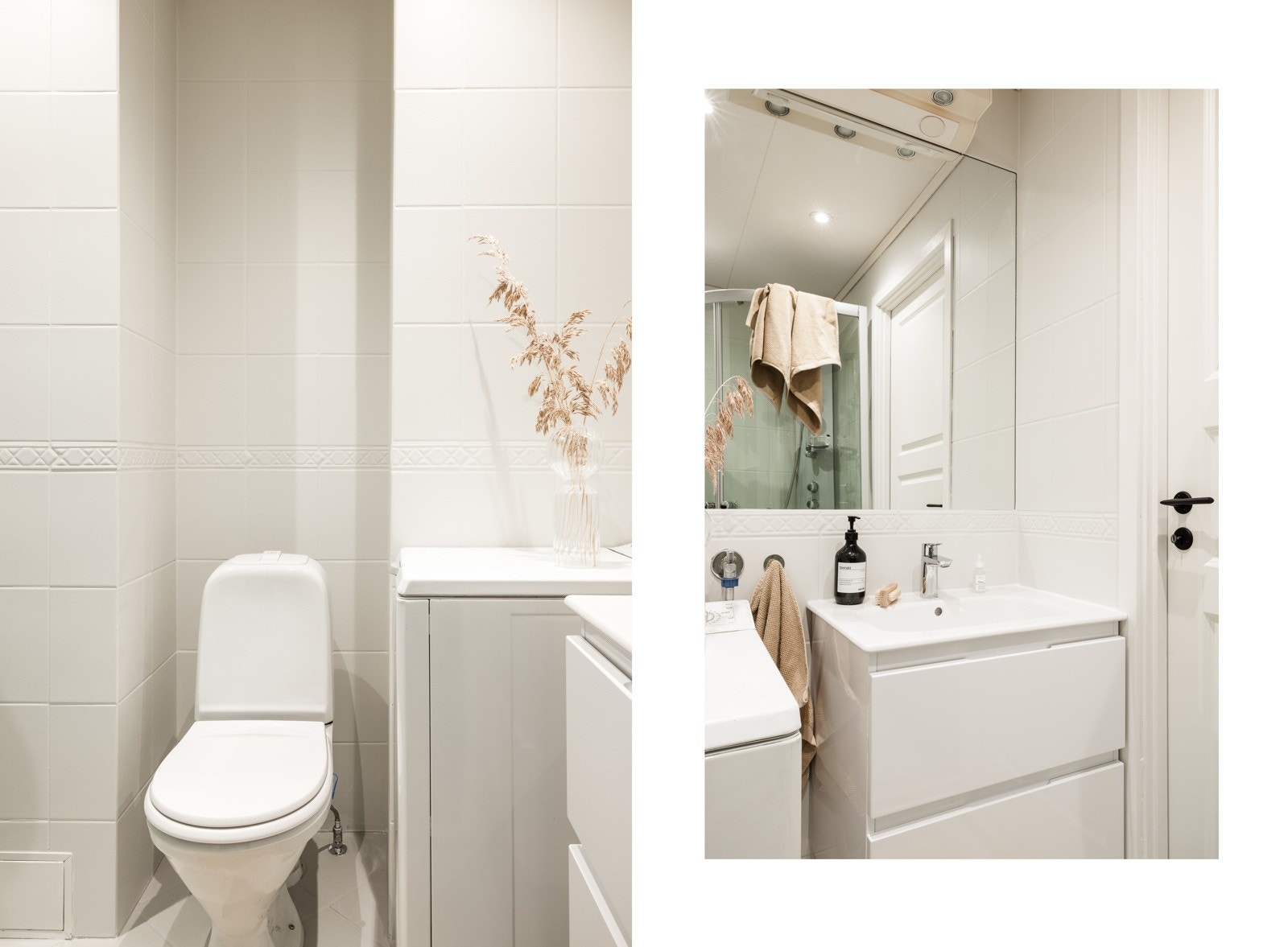 Badet inneholder dusjkabinett, toalett og baderomsmøbel med skuffer og innfliset speil. Galleribilde