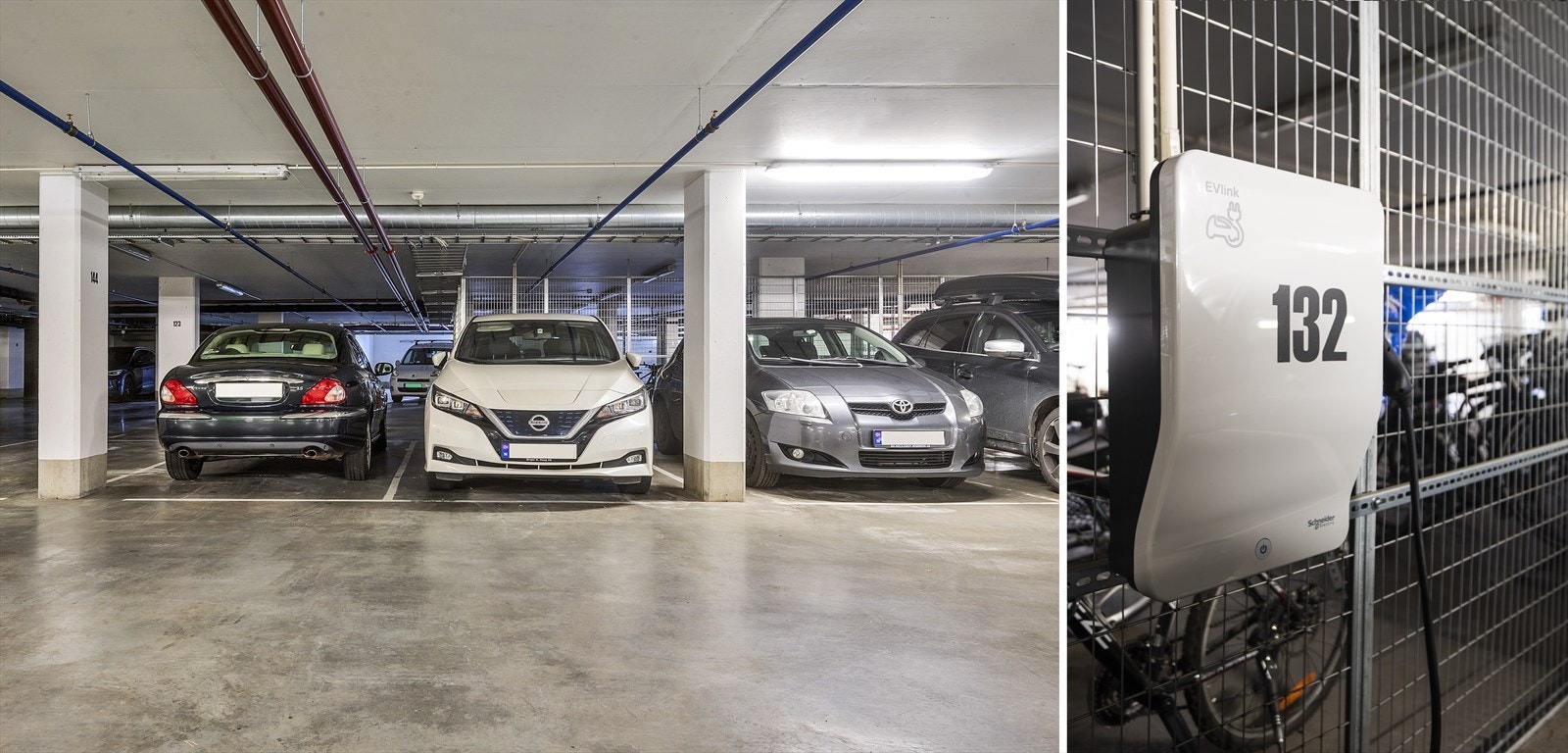 Garasjeplass med elbillader og heis til garasjekjeller. Galleribilde