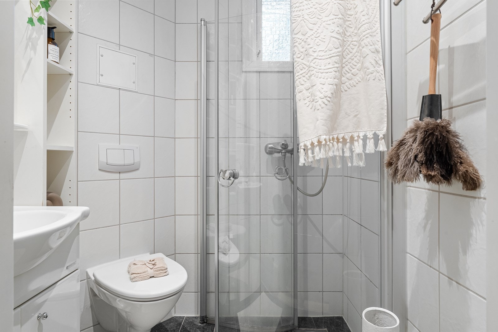 Det er utstyrt med vegghengt toalett, baderomsinnredning og dusj. Galleribilde