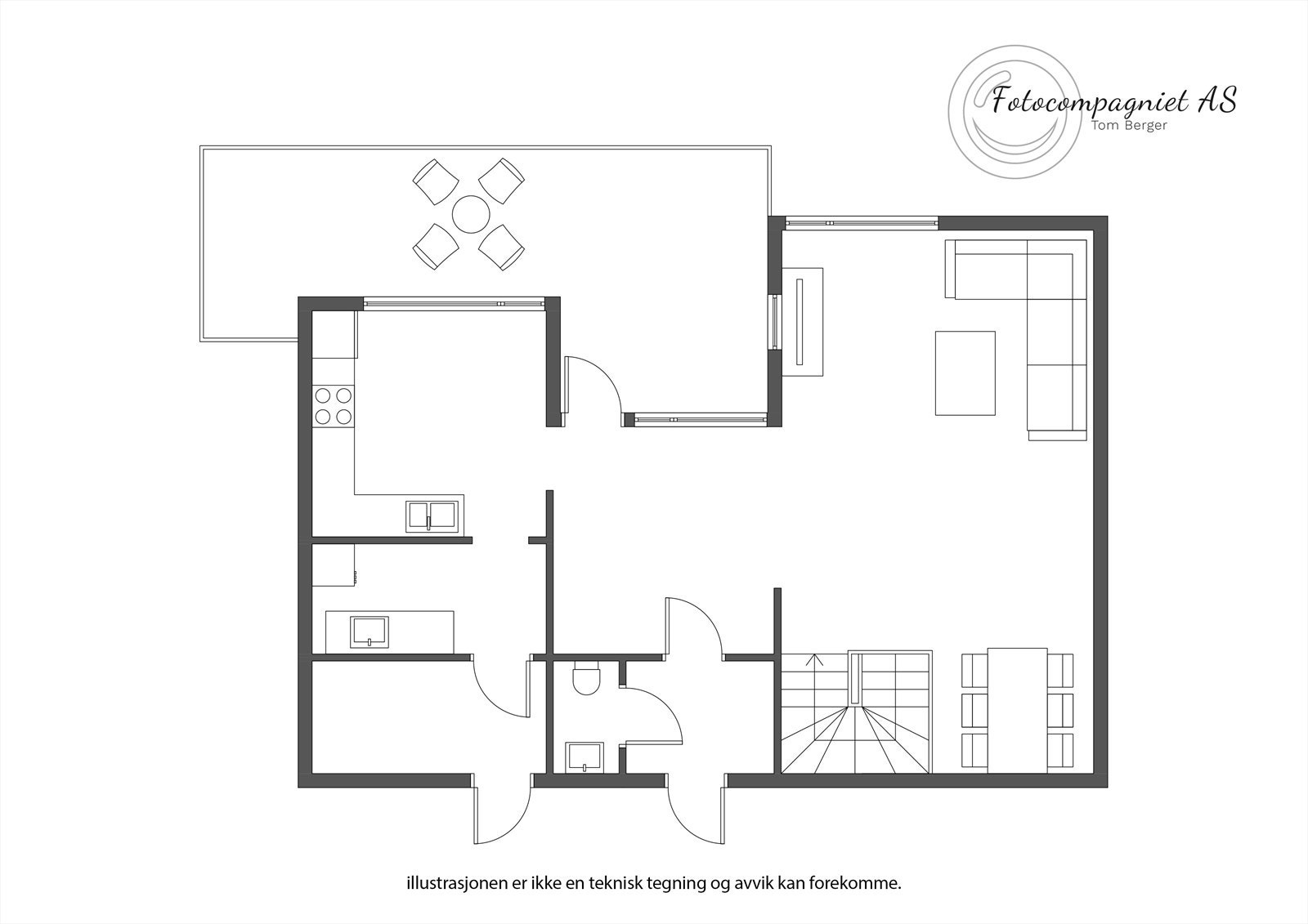 Planløsning med romslig stue, åpen kjøkkenløsning, spiseplass, toalettrom og terrasse. Perfekt for sosiale sammenkomster og avslapning. Galleribilde