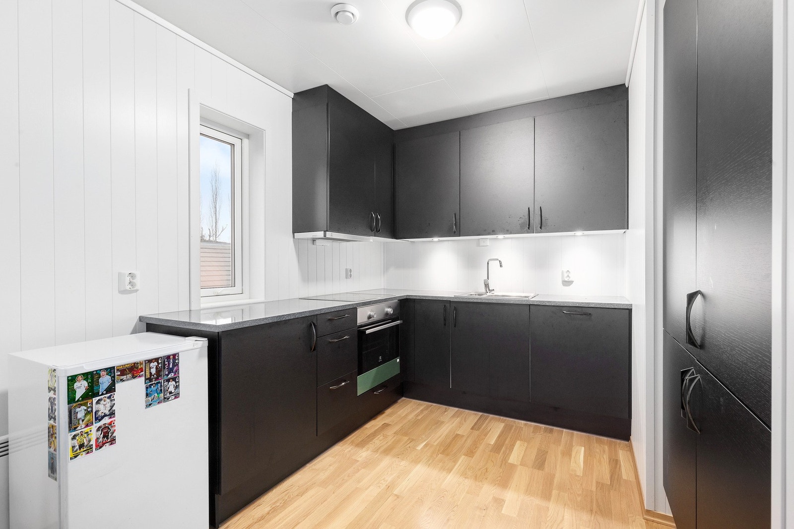 Stilren kjøkkeninnredning og god benkeplass ved vinduspost. Det er integrert oppvaskmaskin, stekovn, platetopp og kjøl/fryseskap. Galleribilde