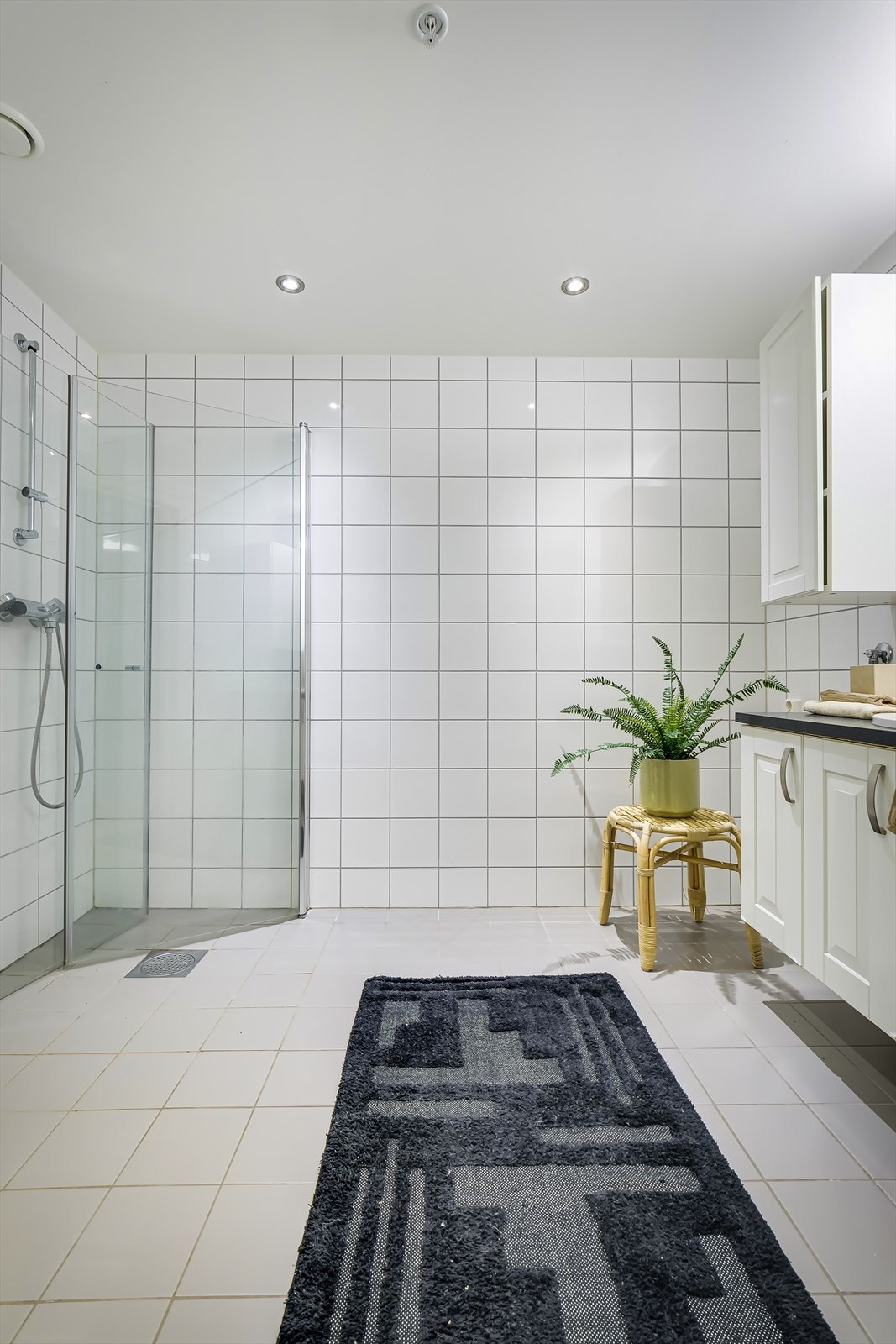 Badet er utstyrt med et vegghengt toalett, en servantinnredning, et dusjhjørne med glassdører samt opplegg for vaskemaskin. Galleribilde