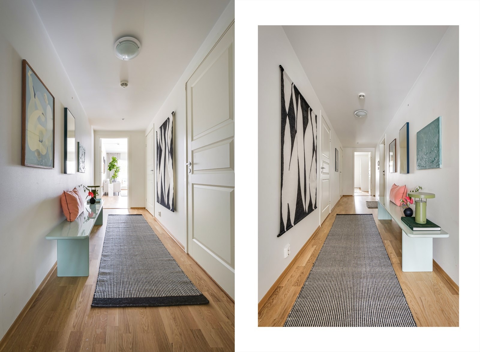 Inngangspartiet er åpent, lyst og innbydende. Det er plass til både knaggoppheng, skap og andre oppbevaringsmøbler. Galleribilde