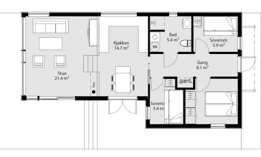 Hyttens plantegning med 3 soverom. Egen naustbod på bryggen Galleribilde