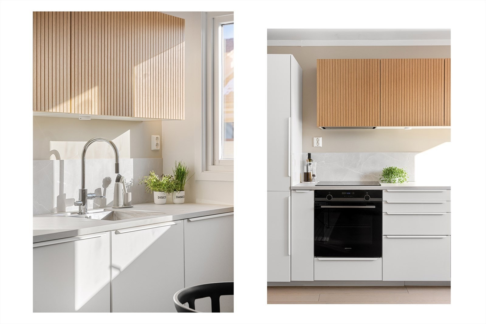 Her får man et topp moderne kjøkken med masse skap- og benkeplass og god arbeidssone til matlaging. Galleribilde