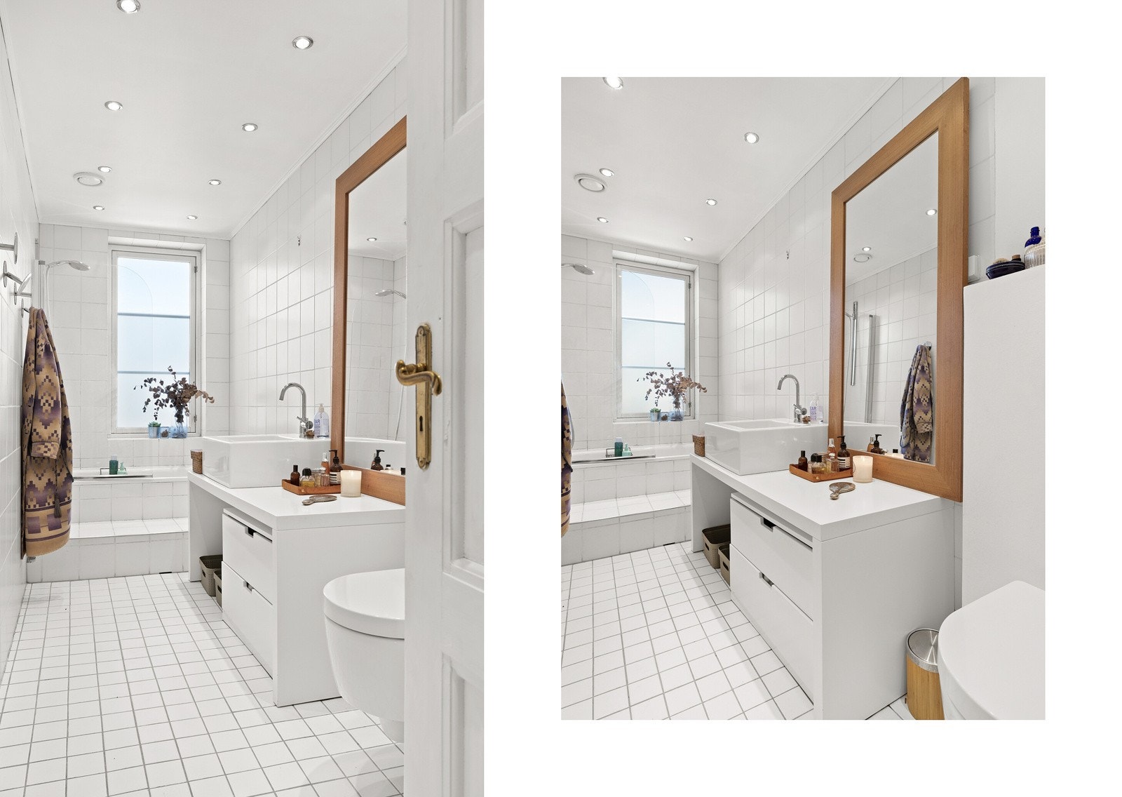 Badet er av elegant rustikk, med tidløse hvite fliser som gir rommet et rent og luftig preg. Galleribilde