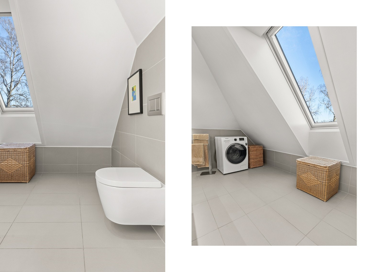 Badet er stilrent og lyst, med store vinduer som slipper inn mye naturlig lys. Her er det muligheter for opplegg til vaskemaskin og tørketrommel om ønskelig. Galleribilde