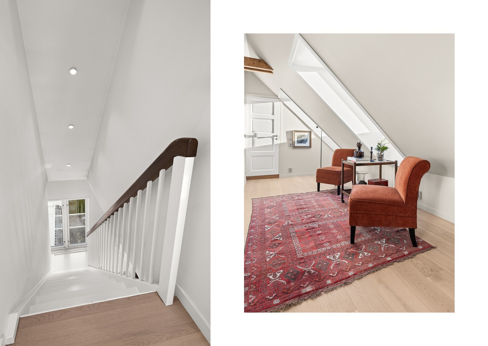 Fra entréen fører trappen oss opp til loftsetajsen, trappeoppgangen er lys og luftig, med et stort vindu som slipper inn rikelig med naturlig lys. Dette skaper en åpen og innbydende atmosfære som fører deg videre opp til loftsetasjen. Galleribilde