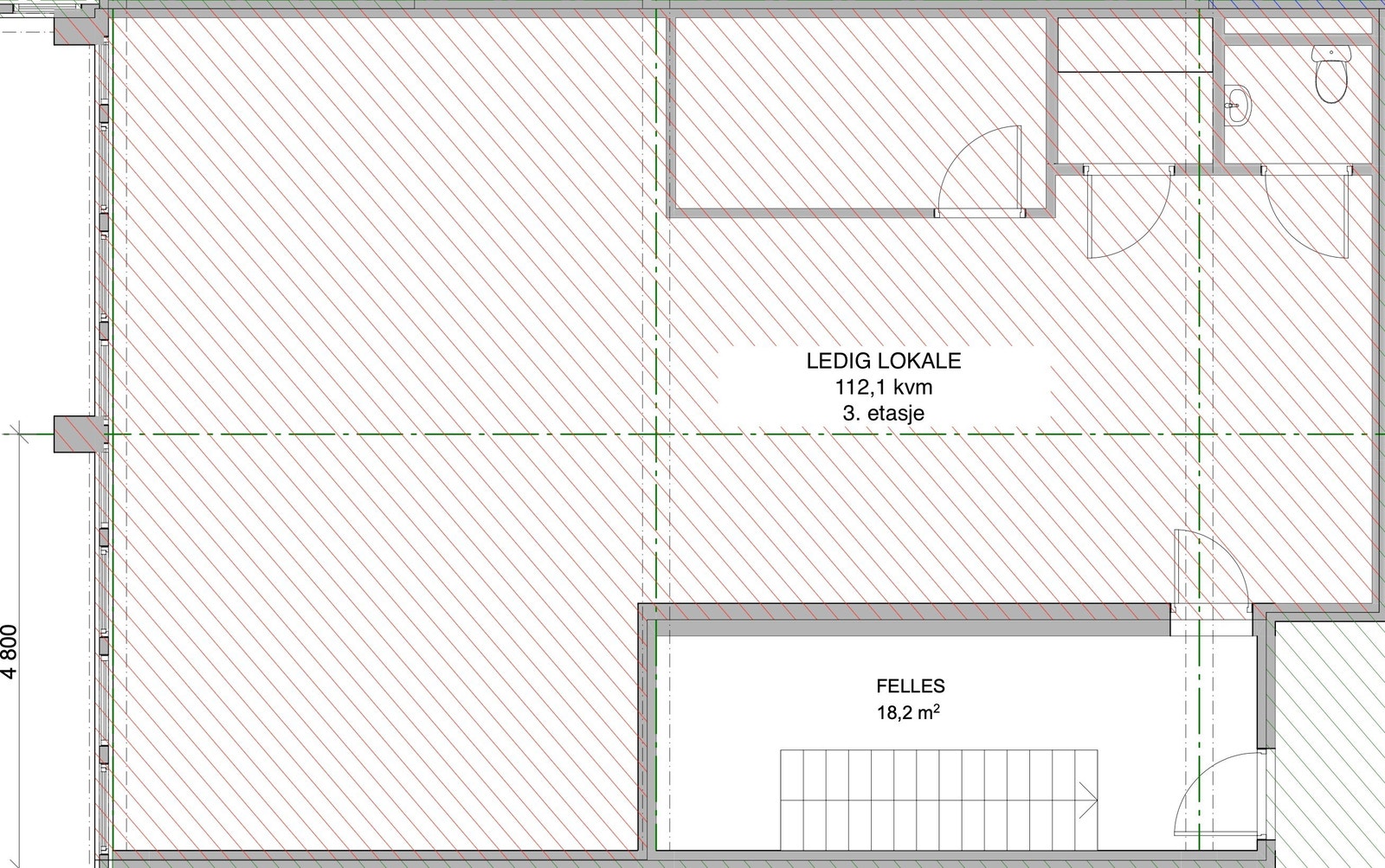 Lokalet er 3. etasje (112,1kvm) og har toalett og mini kjøkken Galleribilde