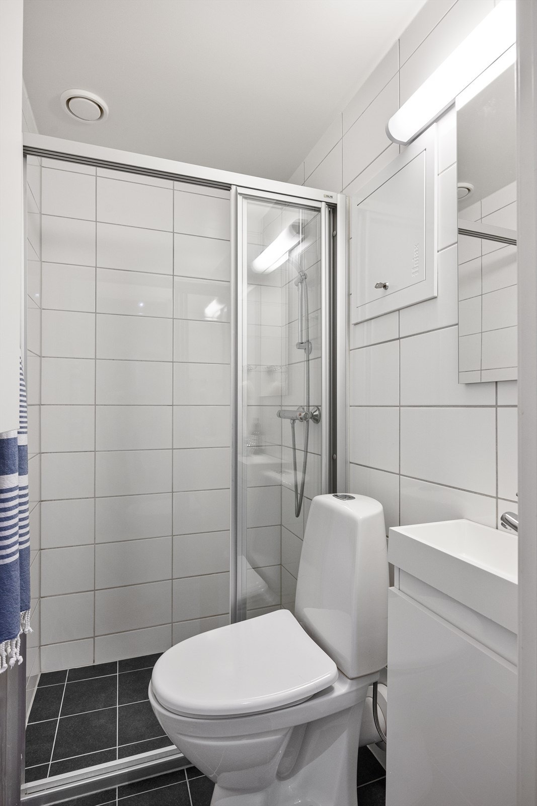 Badet består av WC, dusjplass med vegger og servant med ettgreps blandebatteri i innredning. Galleribilde