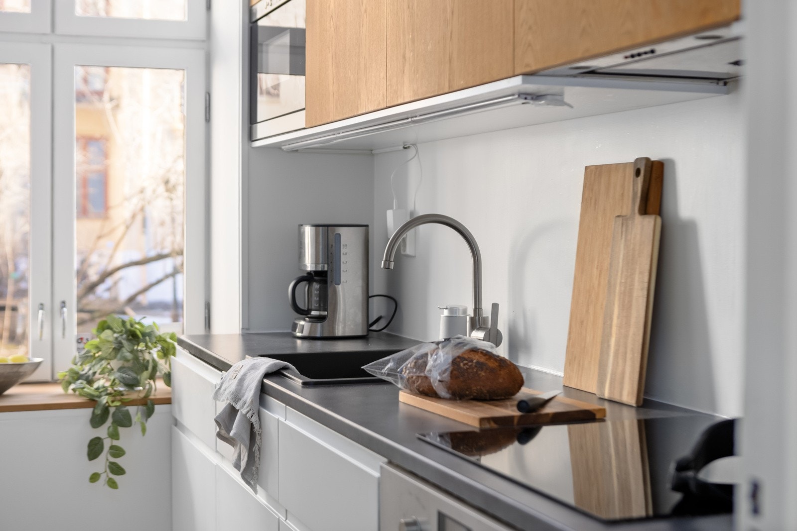 Velutstyrt innredning med integrert induksjon platetopp, stekeovn, mikrobølgeovn, oppvaskmaskin samt kjøle-/fryseskap Galleribilde