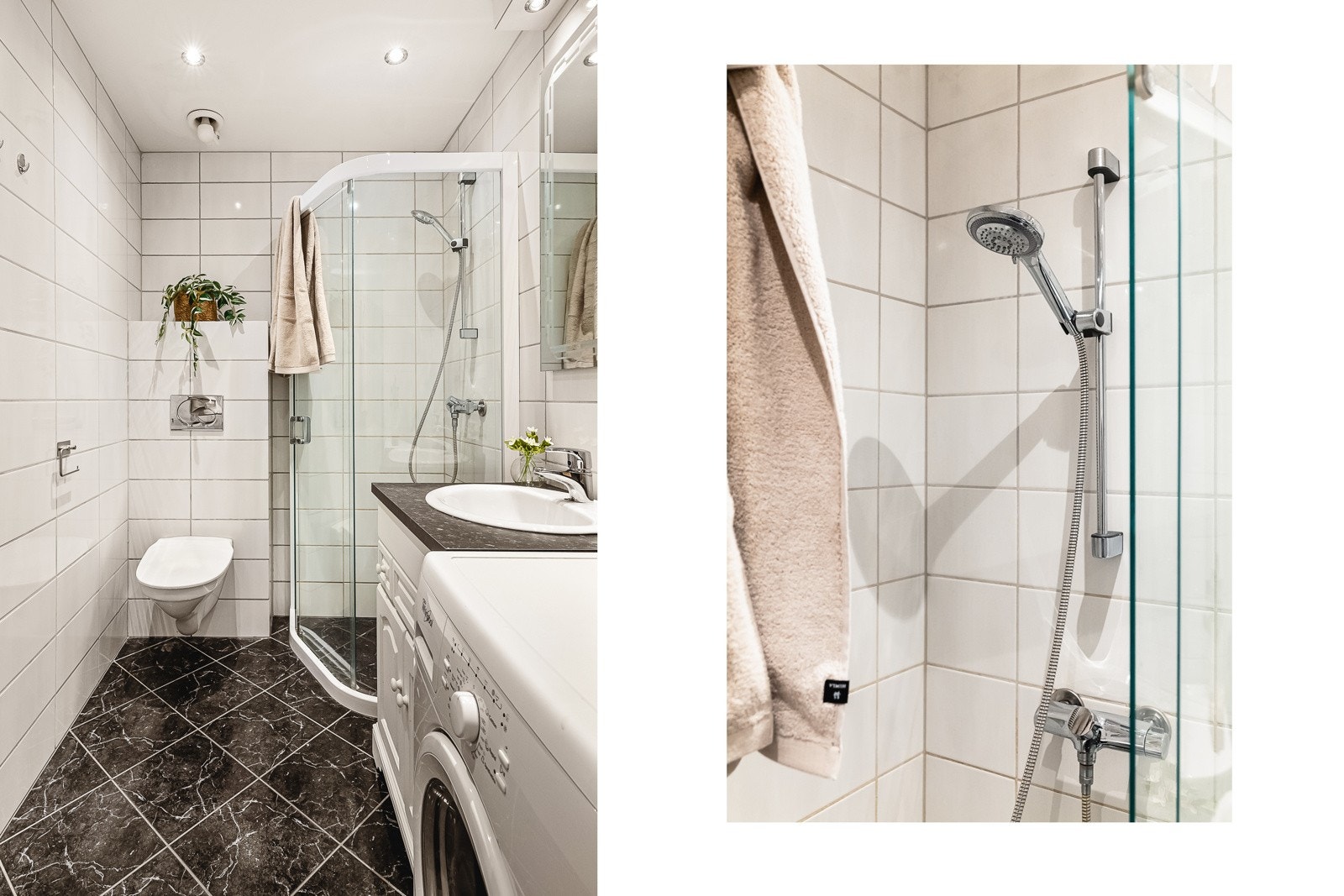 Badet er romslig og har keramiske fliser på gulv og vegger. Malte flater i himling med innfelte spotter. Galleribilde