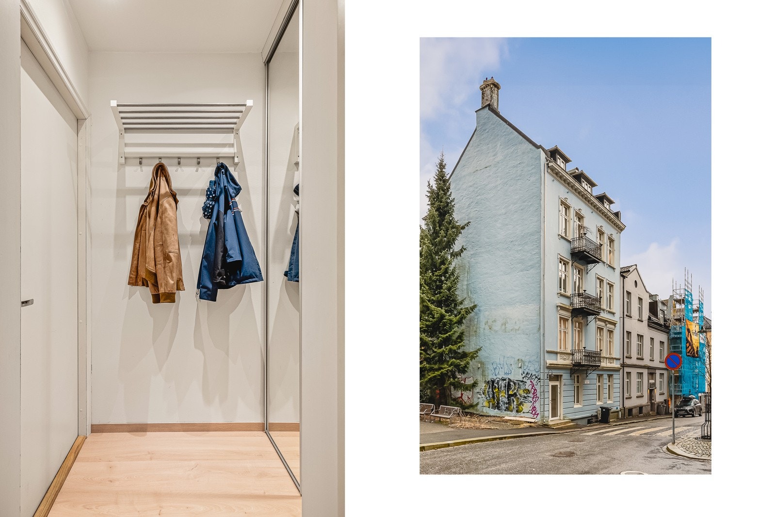 I gangen er det innredet med praktisk skyvedørsgarderobe med speil for oppbevaring av sko og yttertøy. Galleribilde