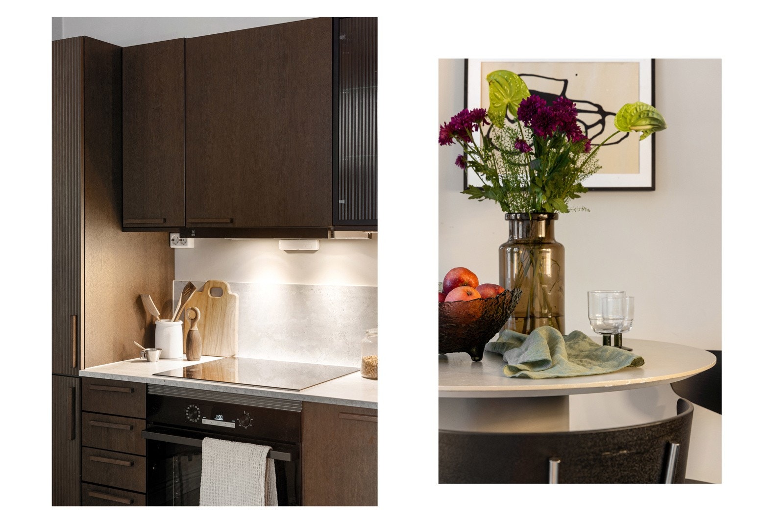 Lekkert uttrykk på kjøkkenet i mørk eik. Galleribilde