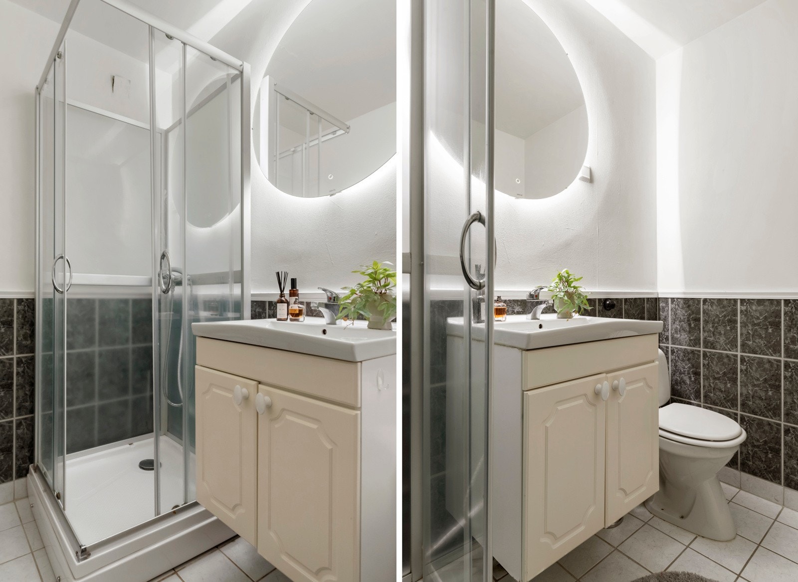 Bad med flislagt gulv og delvis flislagte vegger. Dusjkabinett sørger for kontrollert avrenning til sluk. Galleribilde