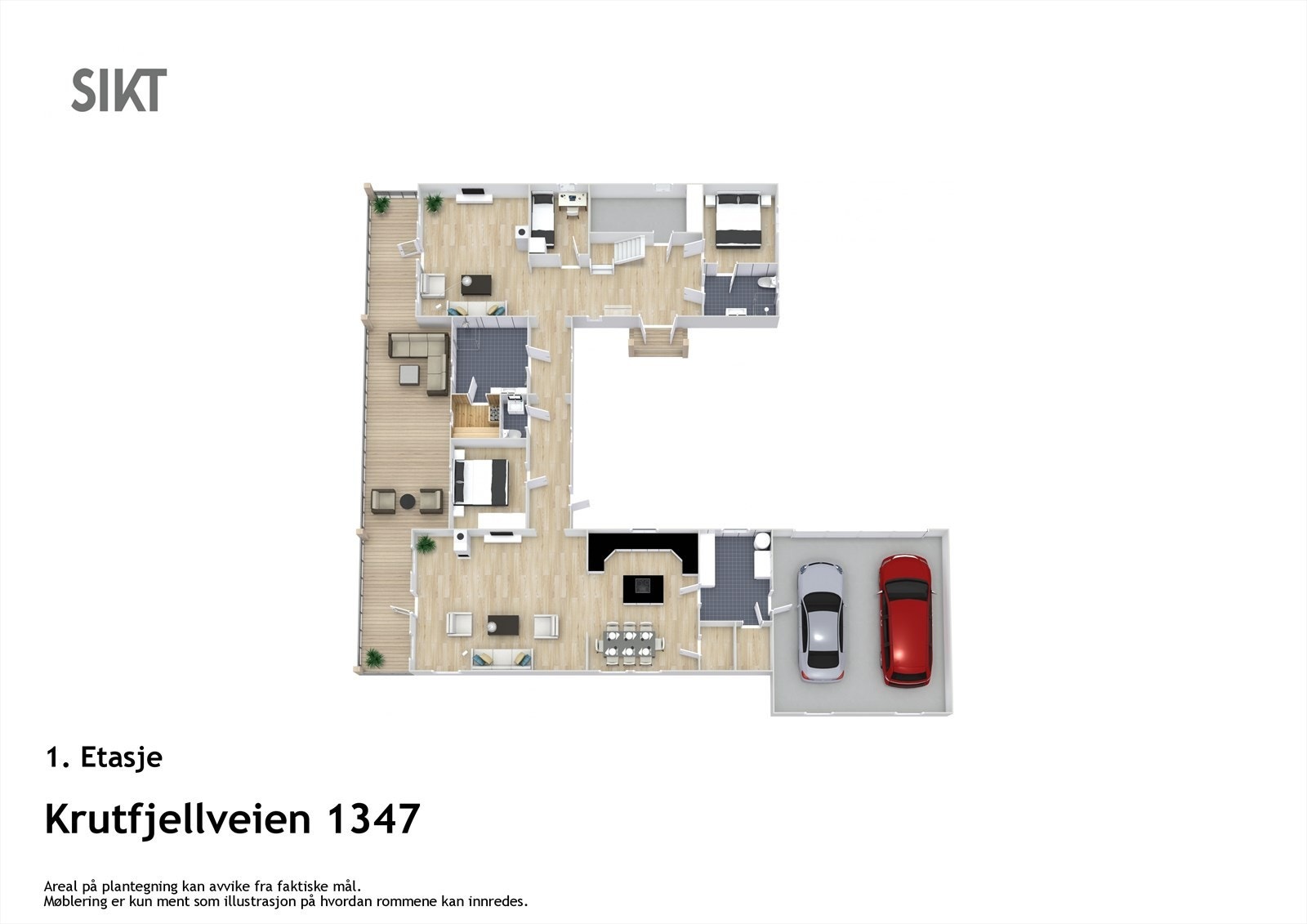 I første etasje finner du garasje, kjøkken, kjølerom, 2 stuer, 3 soverom, vaskerom, 2 bad, badstue og utgang til stor veranda Galleribilde