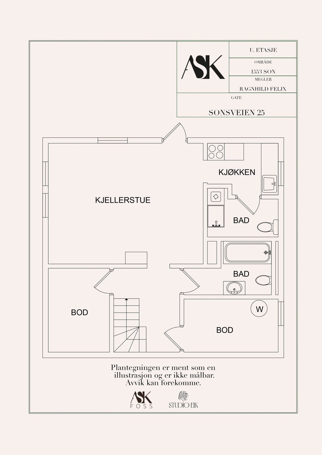 Plantegning kjeller. Denne viker fra dagens løsning og det er ikke lenger dør inn til kjellerstuen. Galleribilde