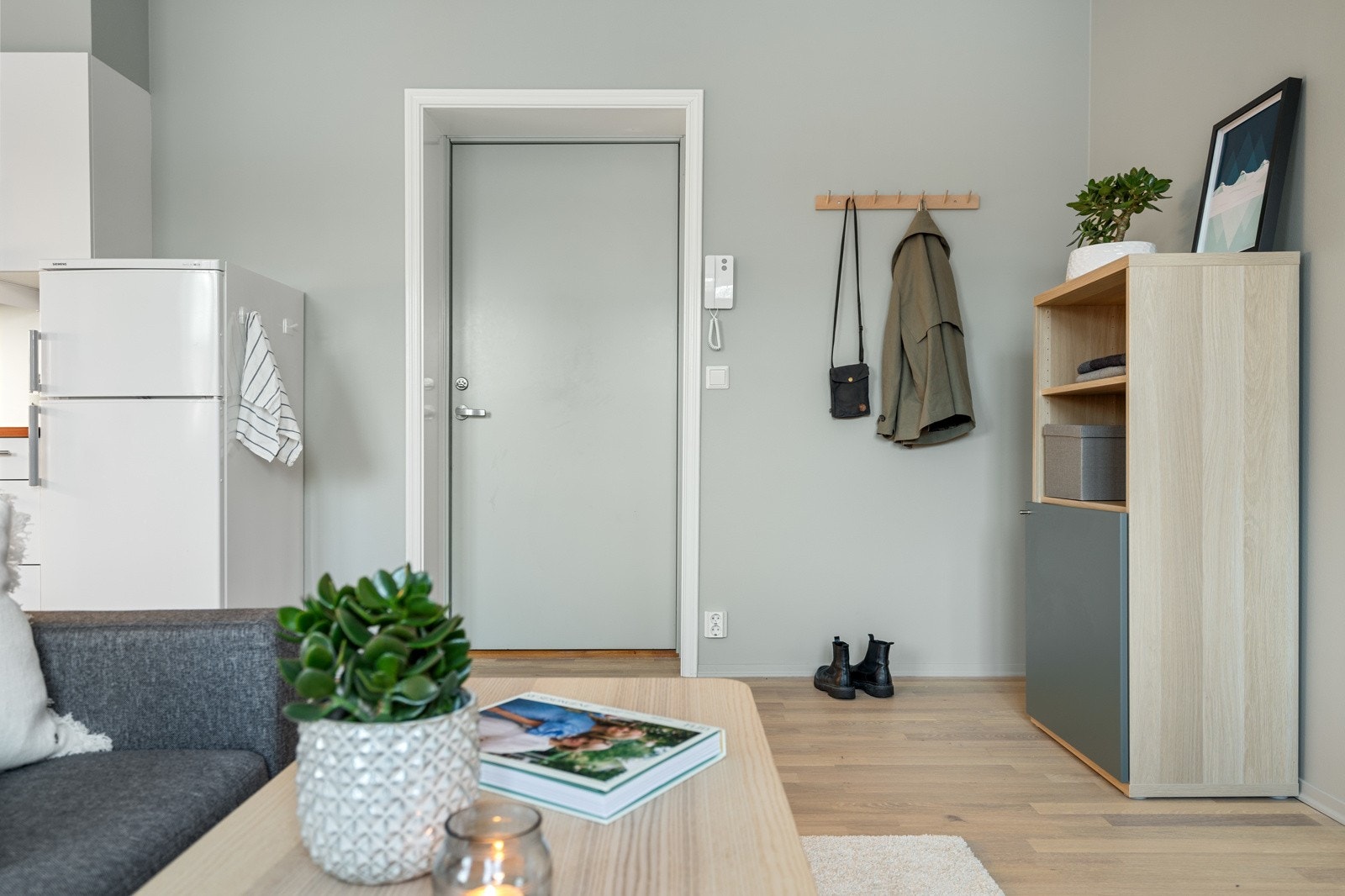 Når du kommer inn i leiligheten, er det en praktisk plass for å henge fra seg jakker og sette fra seg sko. Galleribilde