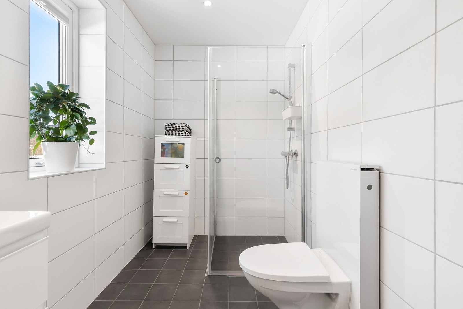 I tillegg er det et vegghengt toalett og dusjhjørne med vegghengt dusjarmatur Galleribilde