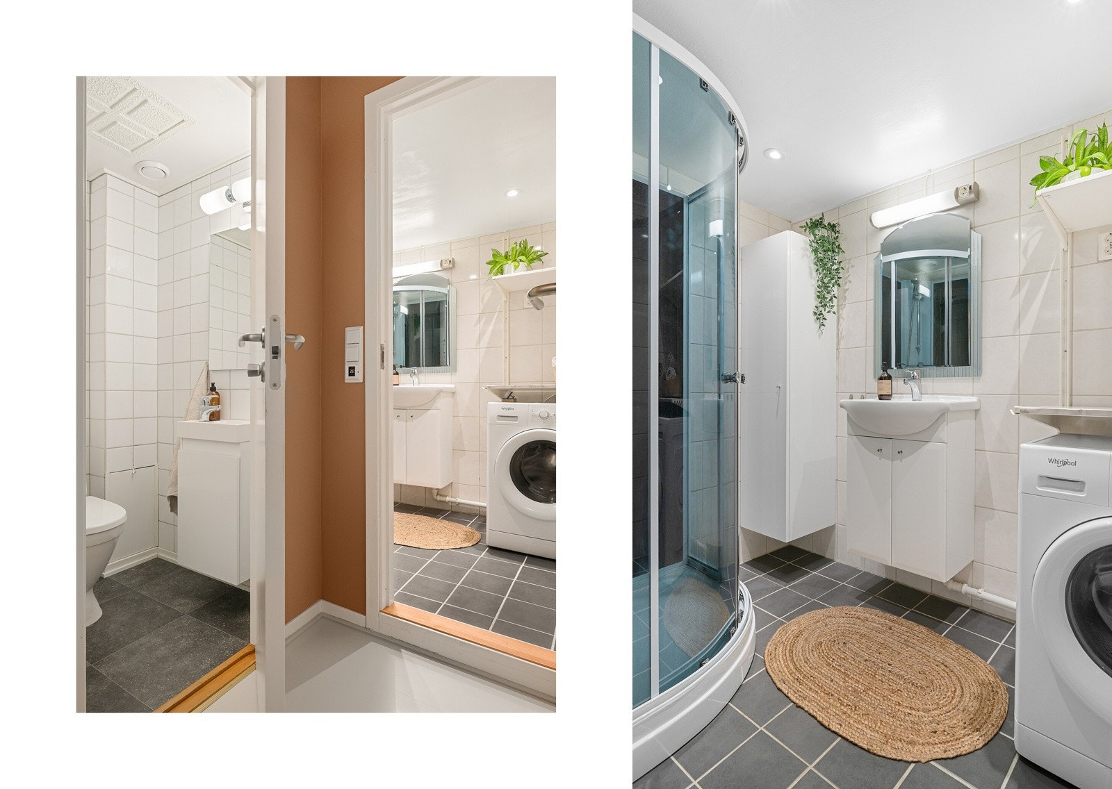 Baderommet er praktisk innredet med dusjkabinett, servant med skap, opplegg for vaskemaskin og speilflate. Galleribilde