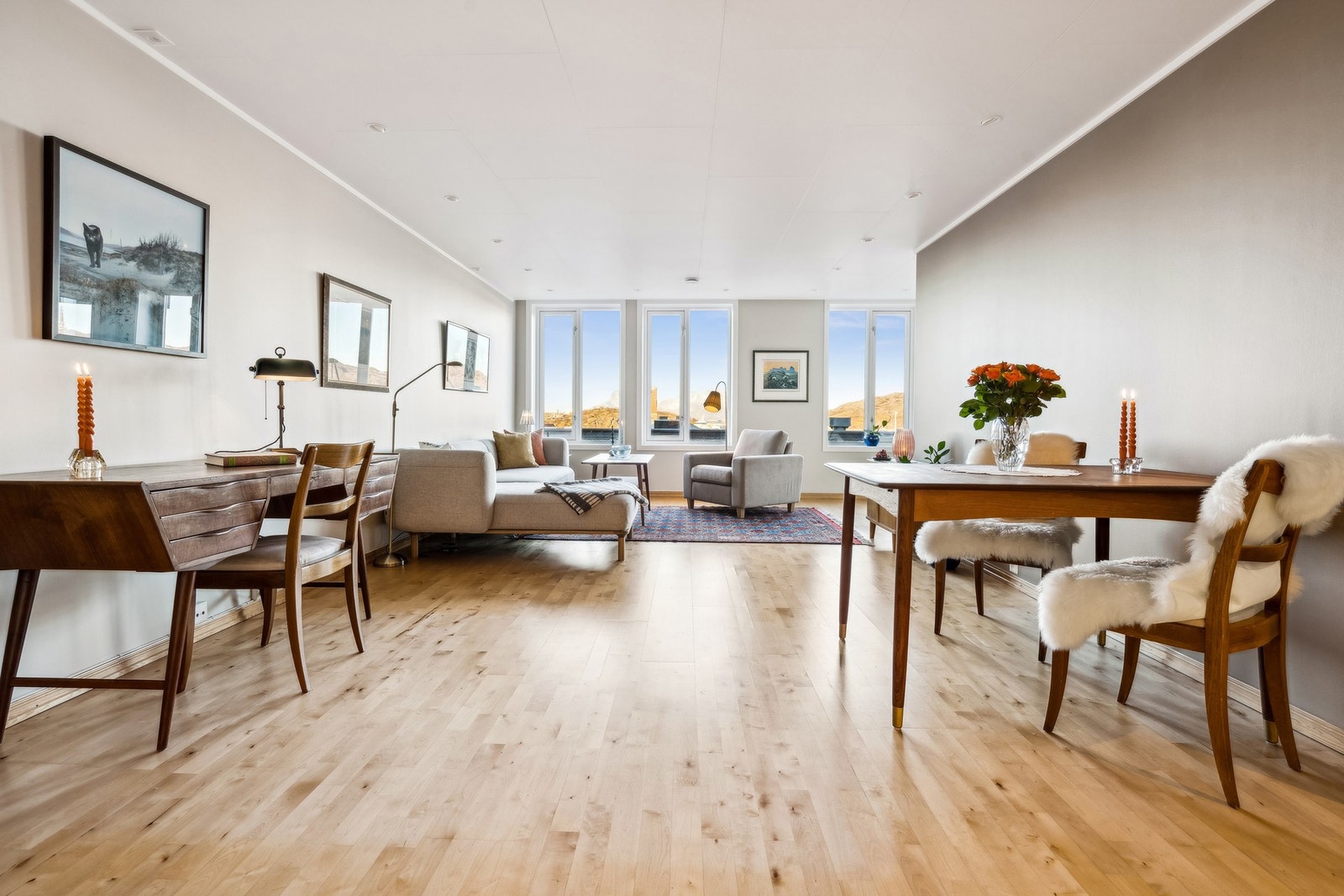 Alle vegger og himlinger i stue, kjøkken, entré og soverom ble malt i 2016 av firma. Behagelige og moderne farger. Galleribilde