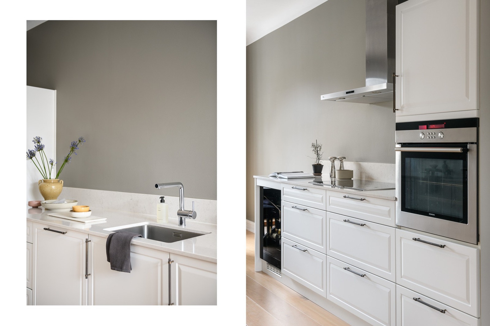 Klassisk kjøkken med parallelt plassert innredning som gir god arbeidsflyt. Integrert induksjonstopp, stekeovn, oppvaskmaskin, vaskemaskin, kjøl/frys og vinskap fra Temptech samt kullfilterventilator i stål over kokesonen. Galleribilde