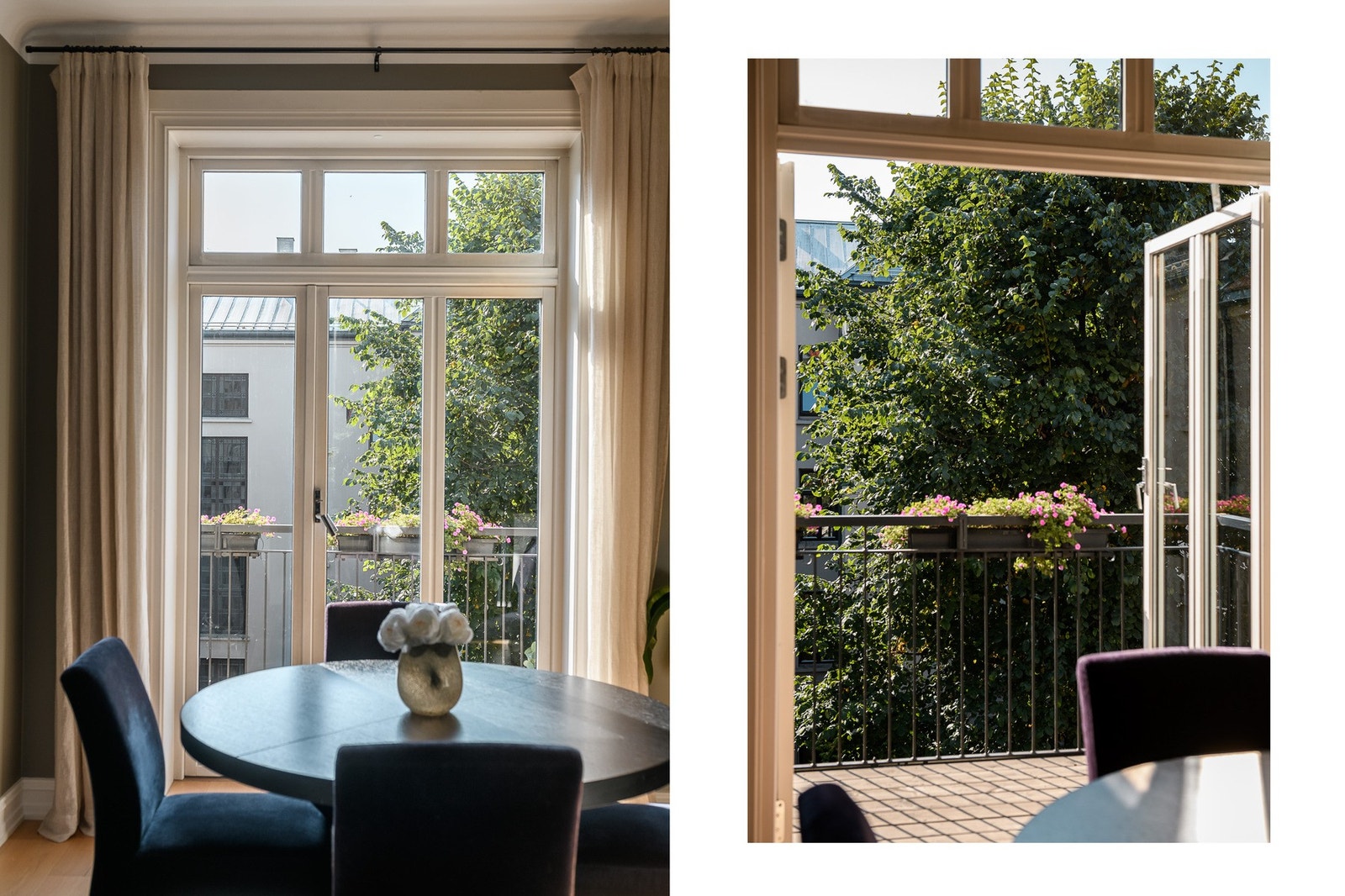 Rommet har utsyn til frodige trær i bakgården. Fra kjøkkenet er det utgang til sydvendt balkong (ca 6,4 kvm.) Galleribilde