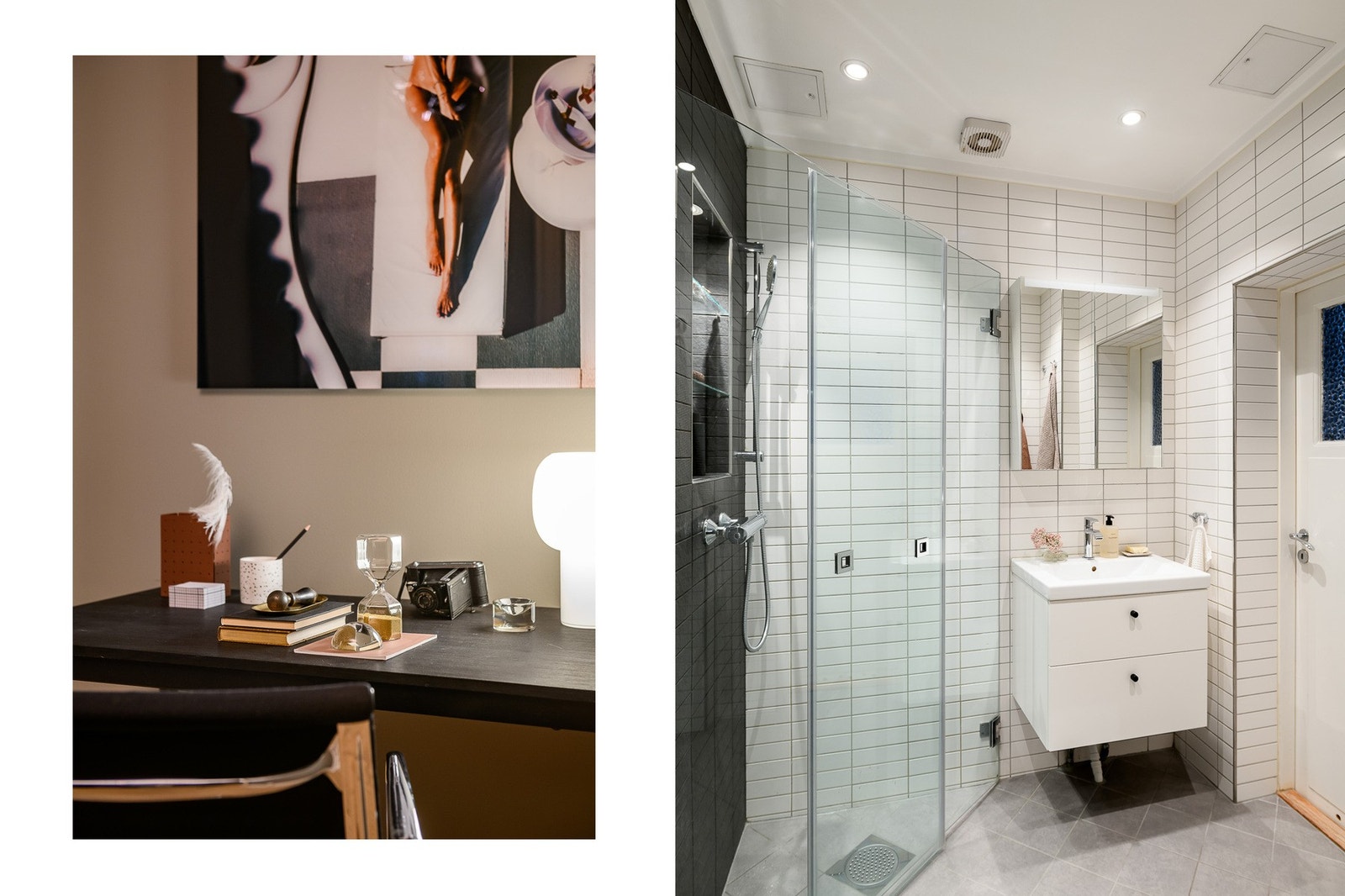 Innredningen består av en heldekkende servant på hvit skuffeseksjon, speilskap med integrert belysning og et veggmontert toalett. Galleribilde