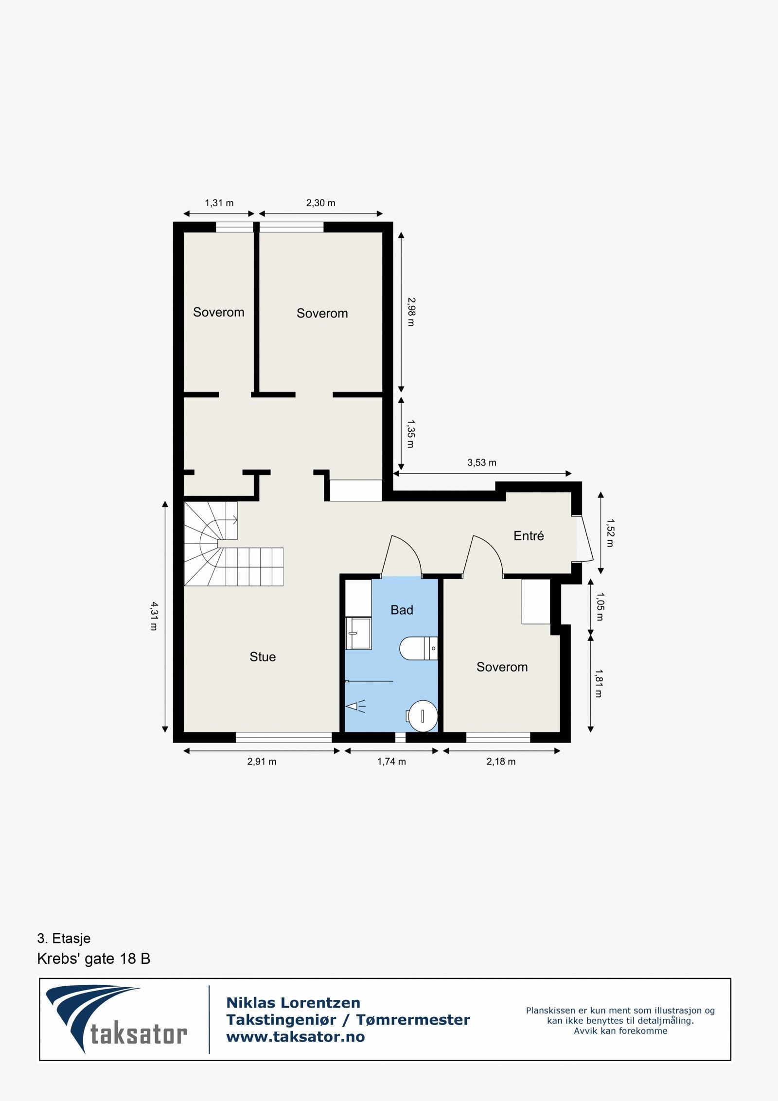 I tredje etasje finner du tre soverom, stue og bad. Stuen kan også fungere som soverom ved behov. Galleribilde