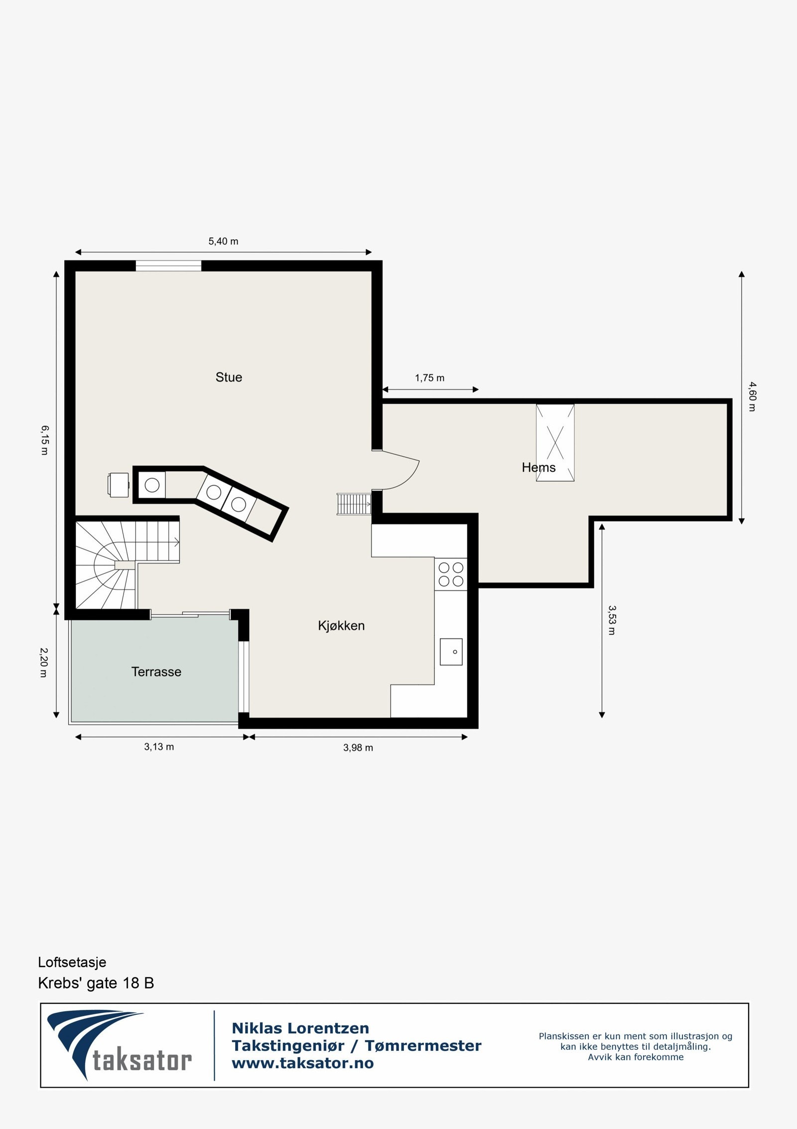 Loftsetasjen har stue, kjøkken, tilgang til hems og utgang til privat takterrasse. Galleribilde
