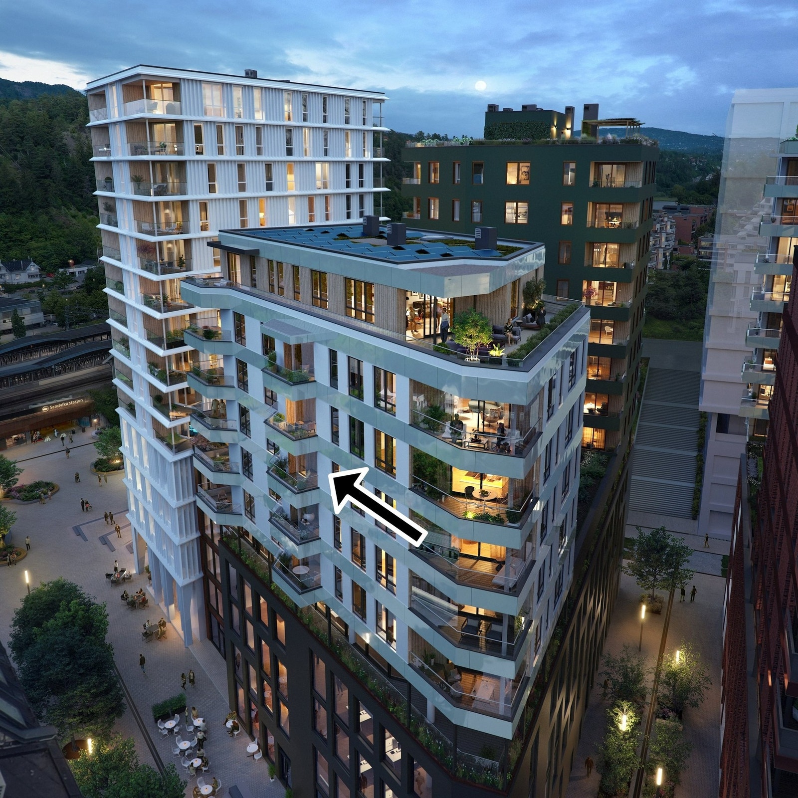 Her ser du hvor leiligheten ligger i bygget. Høy intern beliggenhet vendt mot kveldssolen (dette er illustrasjonsbilder) Galleribilde