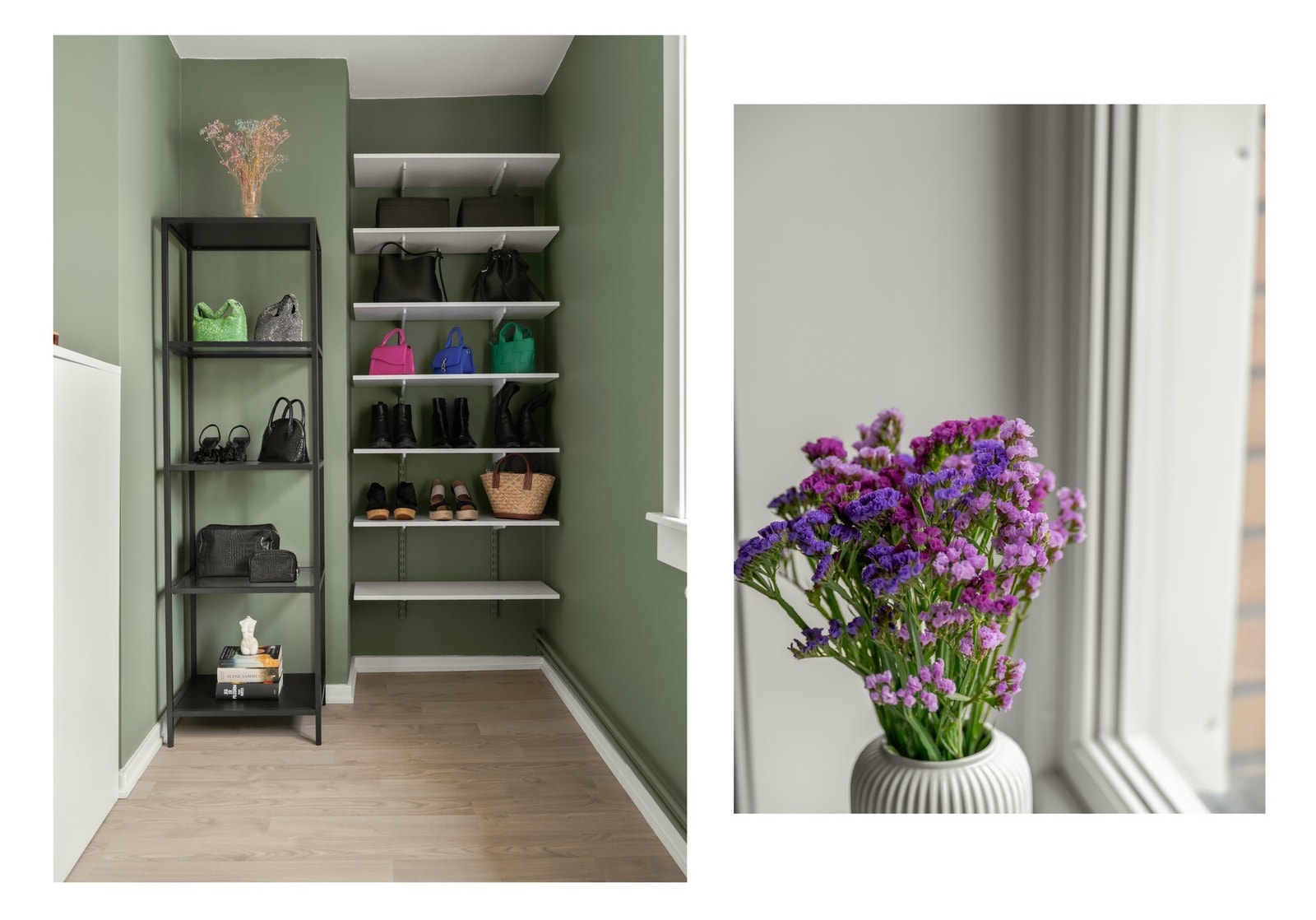 Det er plassbygde hyller for ekstra oppbevaring, i soverommets hjørne. Her kan du sette opp skyvedører eller gardiner, hvis du kunne tenkt deg en walk-in-garderobe. Galleribilde